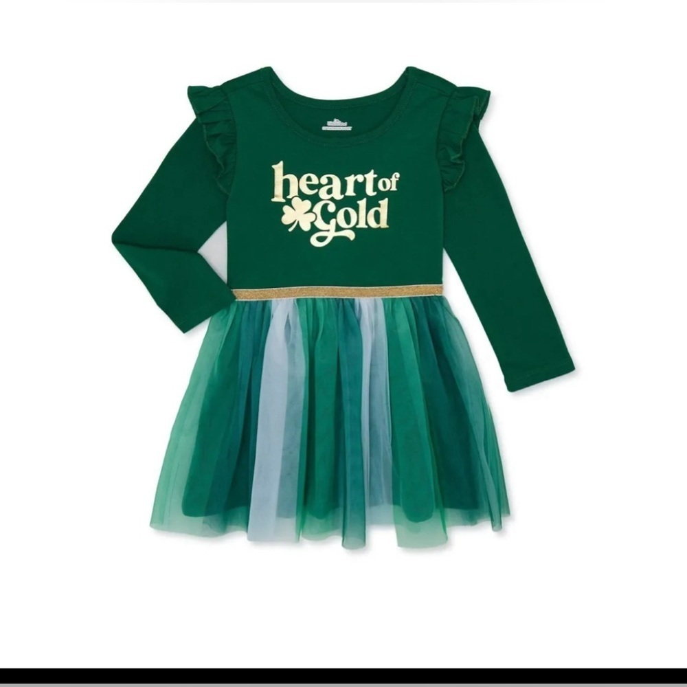 Ireland Ispired Girls Dress Gold/Green Heart Gold Tutu Longsleeve Dress Size 3T